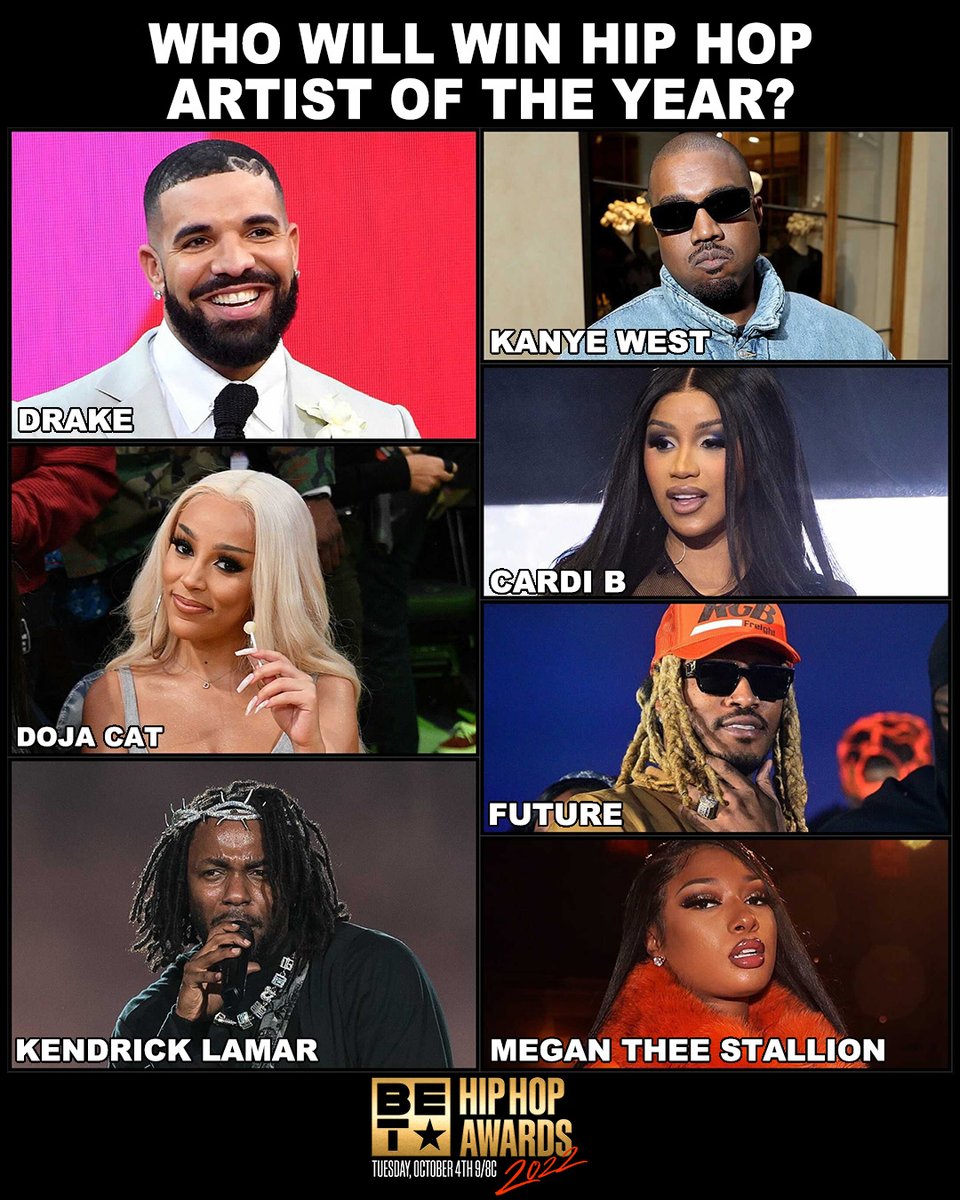 XXL's tweet photo. Who is going to win Artist of the Year?

🗣️ Drake
🗣️ Kanye West
🗣️ Doja Cat
🗣️ Cardi B
🗣️ Future
🗣️ Kendrick Lamar
🗣️ Megan Thee Stallion

Tune in to the @BET #HipHopAwards Tuesday, Oct. 4 at 9/8c 🏆 https://t.co/KVXdPHj6CM