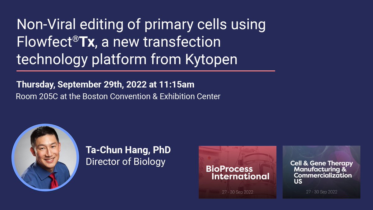 kytopen's tweet photo. Our Director of Biology, Ta-Chun Hang, PhD, is presenting at BioProcess International on our non-viral transfection technology, Flowfect®Tx! Come learn how Flowfect® can help scale your transfection processes!
#BPICONF #bioprocessing #bioprocess #CGT #BPIBoston #BioTech #Flowfect https://t.co/Yl9eC3CthC