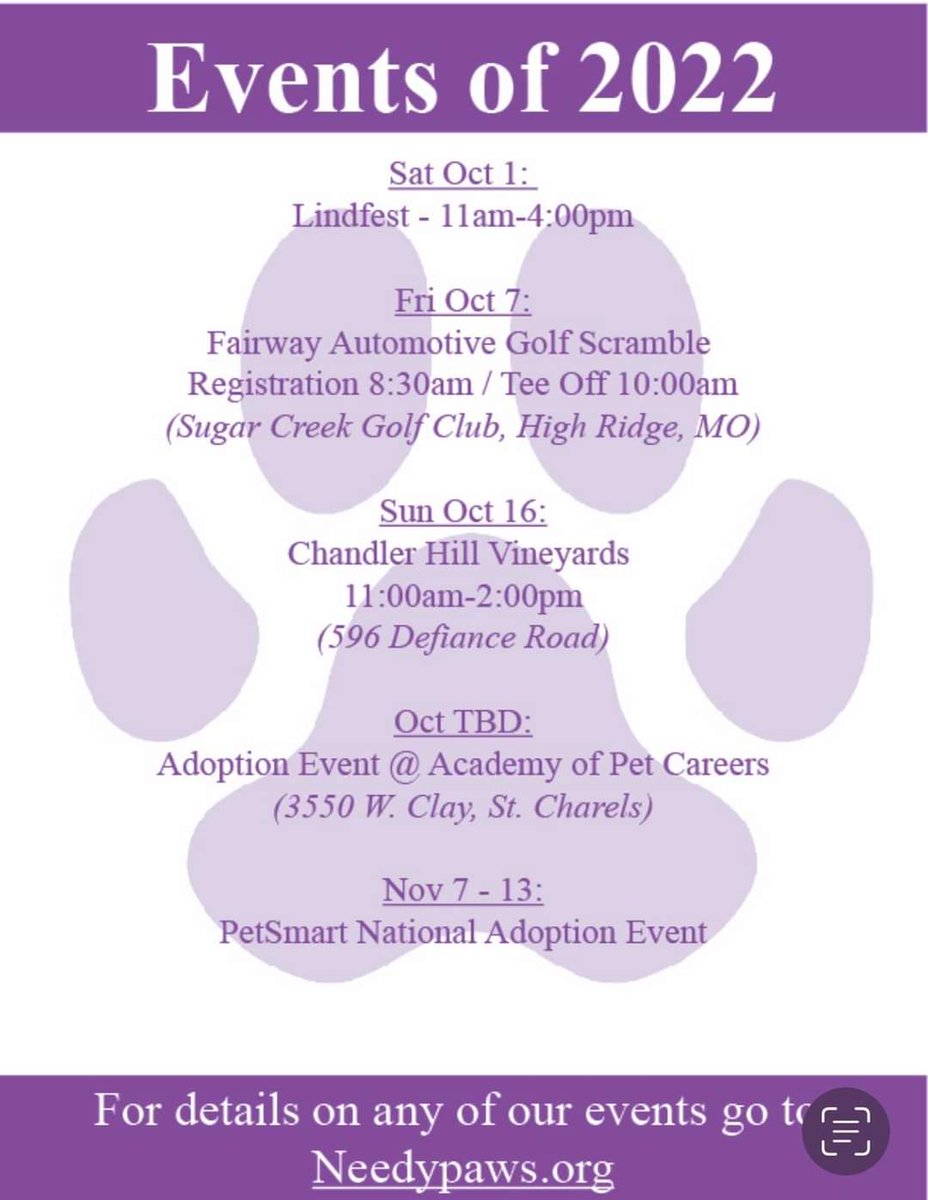 needypaws.rescuegroups.org/info/events
Check out our up coming events!!!
Details in link above 😊
#needypawsstl #fosterssavelives  #sugarcreekgolfclub