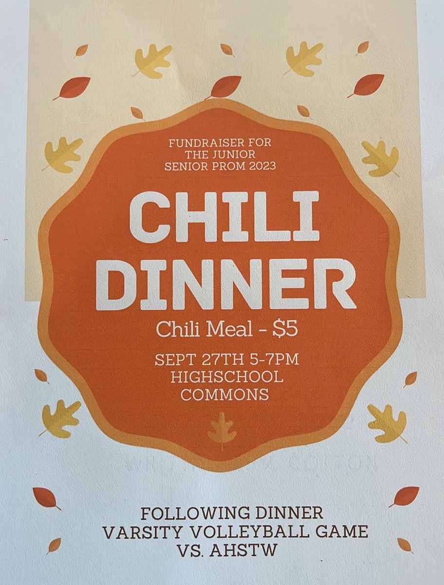 Junior class post prom is sponsoring a chili feed before and during tonight's senior night home volleyball match vs. AHSTW. Come out and support the juniors and the volleyball squad! #UWoodEaglePride @ums_pride @uesbluepride <a href="/EagleActivities/">Underwood Eagles</a>