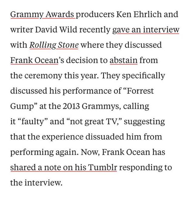 HipHopMoments_'s tweet photo. when Frank Ocean went full Kanye mode on the Grammys for calling his 2013 performance "faulty" revives me https://t.co/CHqzMKwdnW