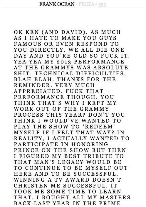 HipHopMoments_'s tweet photo. when Frank Ocean went full Kanye mode on the Grammys for calling his 2013 performance "faulty" revives me https://t.co/CHqzMKwdnW