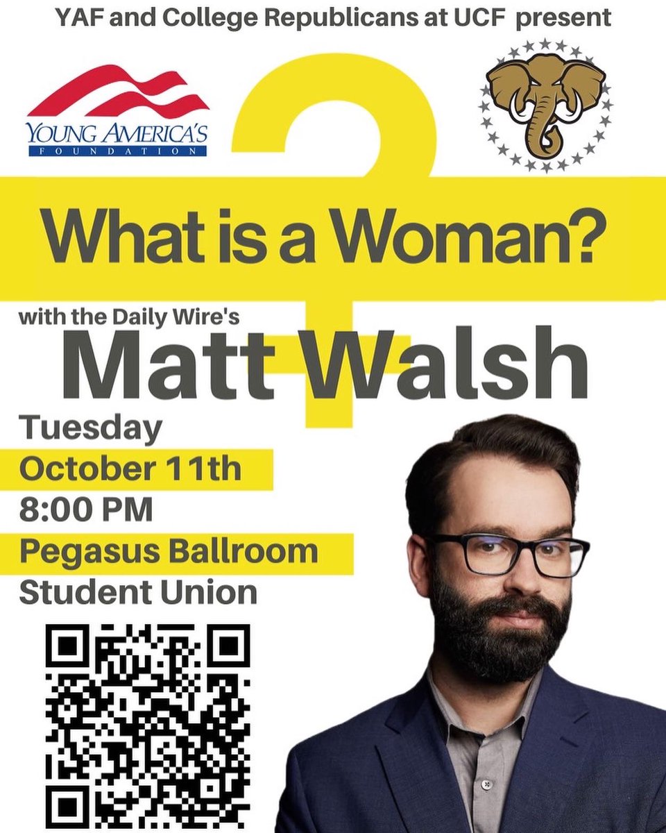 UCFGOP's tweet photo. We are happy to announce that tickets are now available to see Matt Walsh HERE AT UCF on October 11!  Thank you @yaf , @realDailyWire and @mattwalshblog ! 

Scan the QR code for access to tickets.

Tickets are also available through eventbrite in the link tree in our bio. https://t.co/VcGAYK3xj2