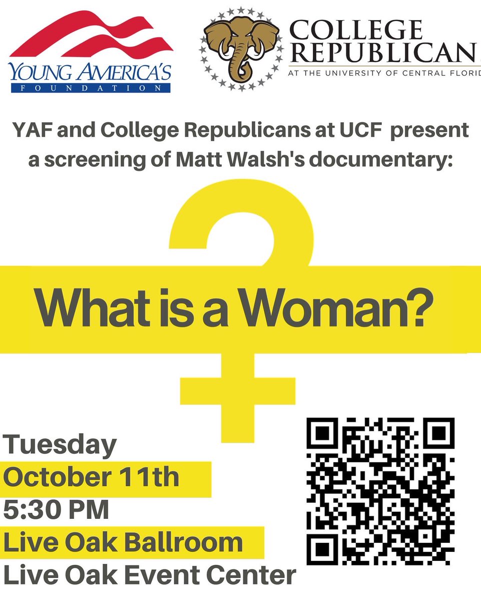 UCFGOP's tweet photo. We are happy to announce that tickets are now available to see Matt Walsh HERE AT UCF on October 11!  Thank you @yaf , @realDailyWire and @mattwalshblog ! 

Scan the QR code for access to tickets.

Tickets are also available through eventbrite in the link tree in our bio. https://t.co/VcGAYK3xj2