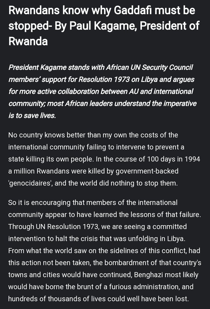 President of Rwanda, Paul Kagame's 2011 op-ed supporting the invasion of Libya by The UK, France, and the U.S. that led to the overthrow and gruesome ki…