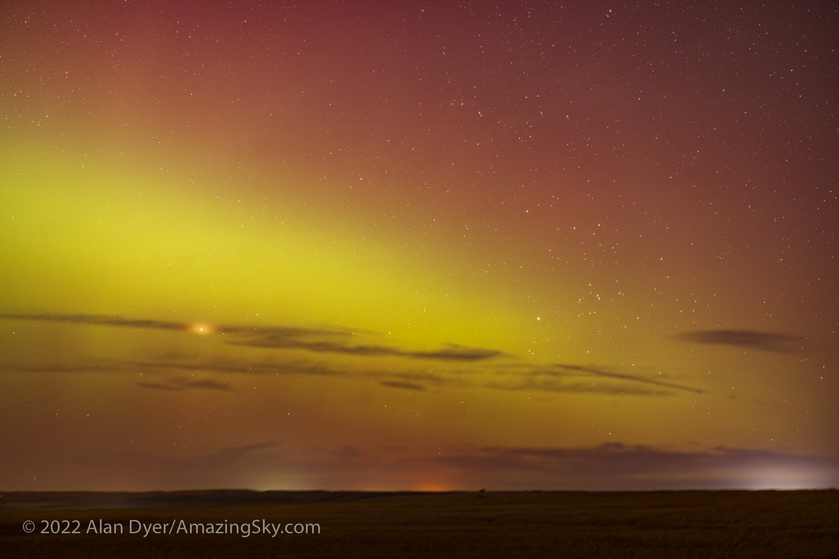 A classic auroral arc last night, Sept 26-27, 2022, with strong red curtains at times, and just the barest hint of a red SAR arc overhead in the fish-eye lens image. Mars was rising in the curtains to the east. This was from near Gleichen, Alberta. <a href="/TweetAurora/">Aurorasaurus</a>