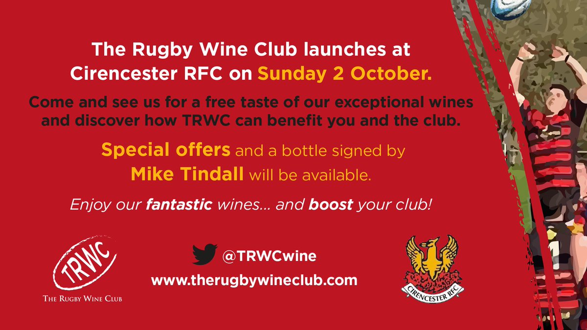 Join us this Sunday @CirencesterRFC It’s The Rugby Wine Club launch for CRFC members. From 10am the guys from @TRWCwine be showcasing their #red #white & #rose ! A chance to meet wine partner & rugby legend @miketindall13 All wines bought generate cash for the club!