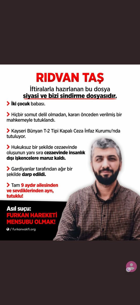 ASIL SUÇU ; "Furkan Hareketi Mensubu" Olmak olan, tam 9 aydır ailesinden ve sevdiklerinden ayrı tutuklu bulunan Rıdvan Taş kardeşimiz SERBEST BIRAKILSIN!  <a href="/suleymansoylu/">Süleyman Soylu</a> <a href="/TC_icisleri/">T.C. İçişleri Bakanlığı</a> <a href="/adalet_bakanlik/">T.C. Adalet Bakanlığı</a>  #YETERARTIK RıdvanTaşa Özgürlük