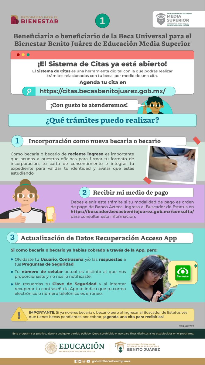 BecasBenito's tweet photo. ACTUALIZACIÓN
(26/09/2022)

Becaria y becario de #MediaSuperior, extendemos el periodo de atención hasta el 20 de diciembre de 2022.

Entra a https://t.co/t3H0YK99ii y agenda una cita:
-Incorporación
-Recibir medio de pago
-Actualizar datos para recuperar tu app Bienestar Azteca https://t.co/Q4bYOvXGw8