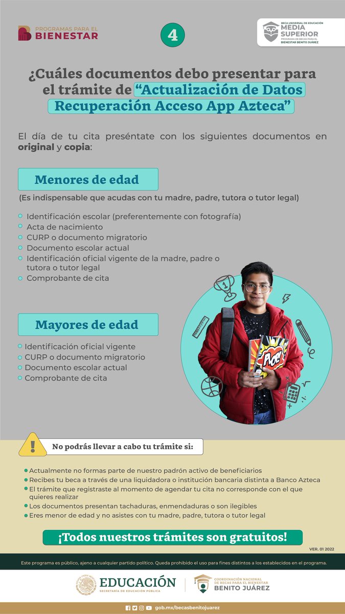 BecasBenito's tweet photo. ACTUALIZACIÓN
(26/09/2022)

Becaria y becario de #MediaSuperior, extendemos el periodo de atención hasta el 20 de diciembre de 2022.

Entra a https://t.co/t3H0YK99ii y agenda una cita:
-Incorporación
-Recibir medio de pago
-Actualizar datos para recuperar tu app Bienestar Azteca https://t.co/Q4bYOvXGw8