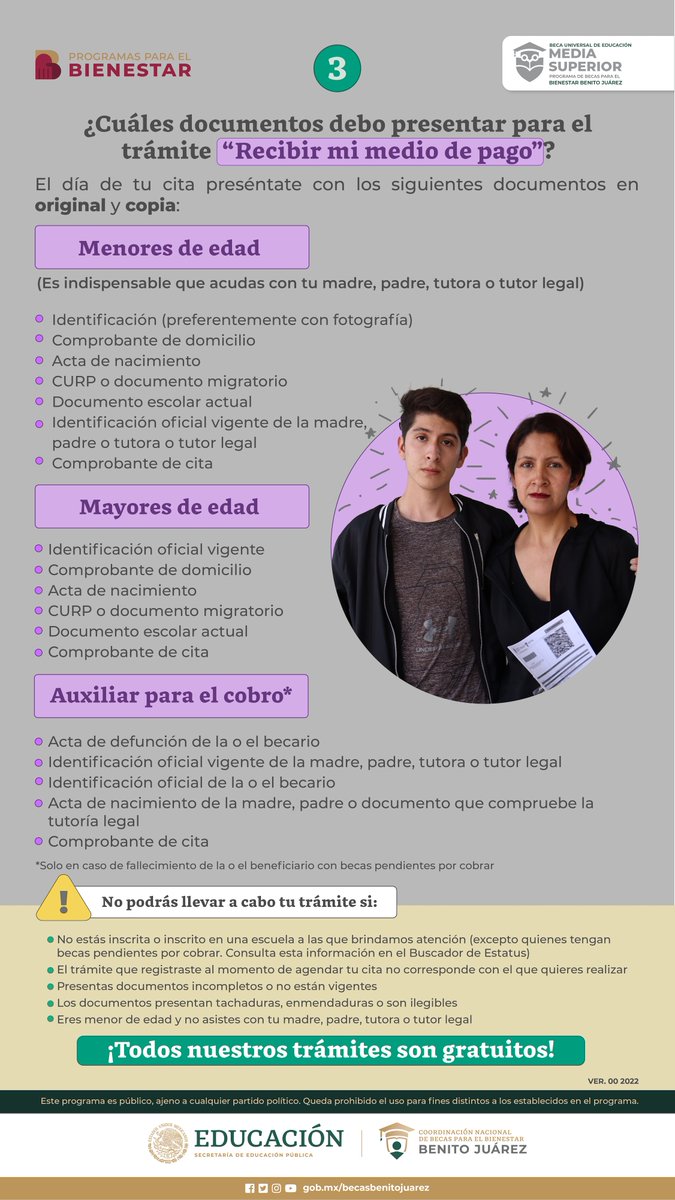 BecasBenito's tweet photo. ACTUALIZACIÓN
(26/09/2022)

Becaria y becario de #MediaSuperior, extendemos el periodo de atención hasta el 20 de diciembre de 2022.

Entra a https://t.co/t3H0YK99ii y agenda una cita:
-Incorporación
-Recibir medio de pago
-Actualizar datos para recuperar tu app Bienestar Azteca https://t.co/Q4bYOvXGw8