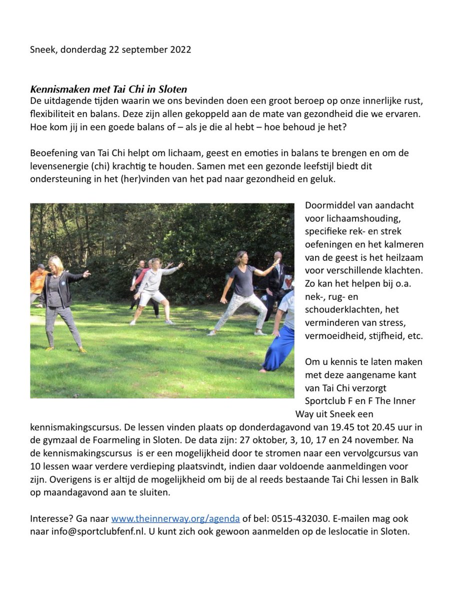 destadsomroeper's tweet photo. Kennismaken met Tai Chi in Sloten. Beoefening van Tai Chi helpt om lichaam, geest en emoties in balans te brengen en om de levensenergie (chi) krachtig te houden … https://t.co/ifAe06FrI4