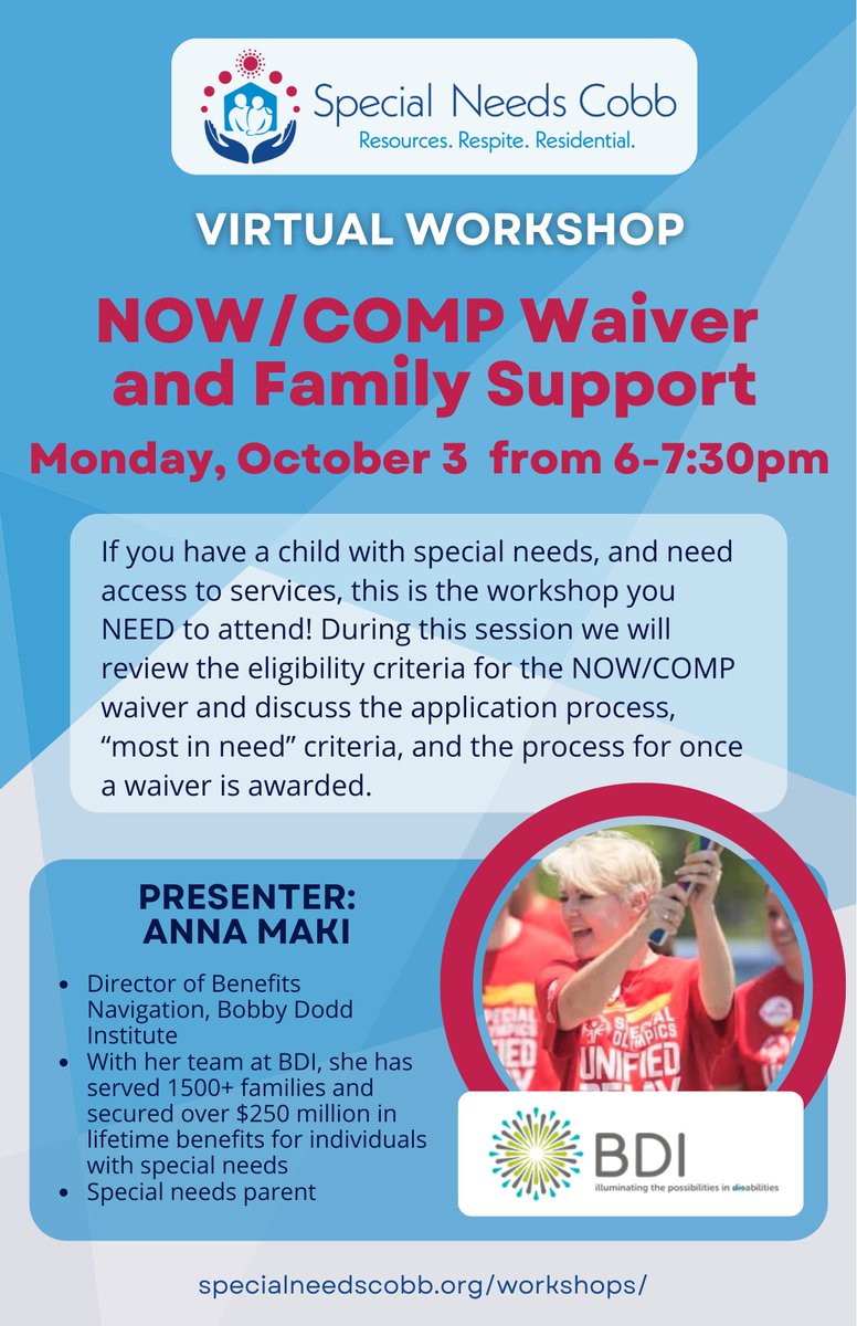 Join BDI's Anna Maki NEXT Monday at 6pm ET for an impactful workshop on NOW/COMP Waiver and Family Support. Visit specialneedscobb.org/workshops/ for more information. #PWD