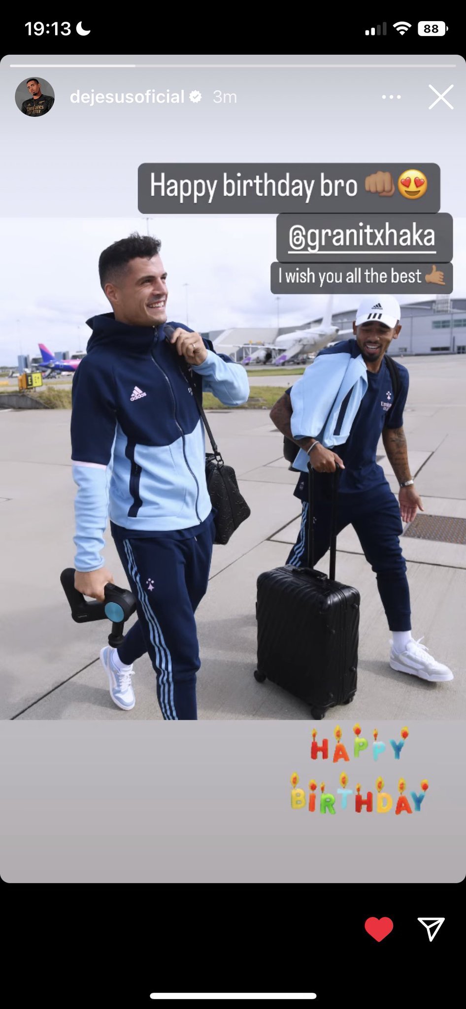 Gabriel Jesus wishing Granit Xhaka a happy birthday 