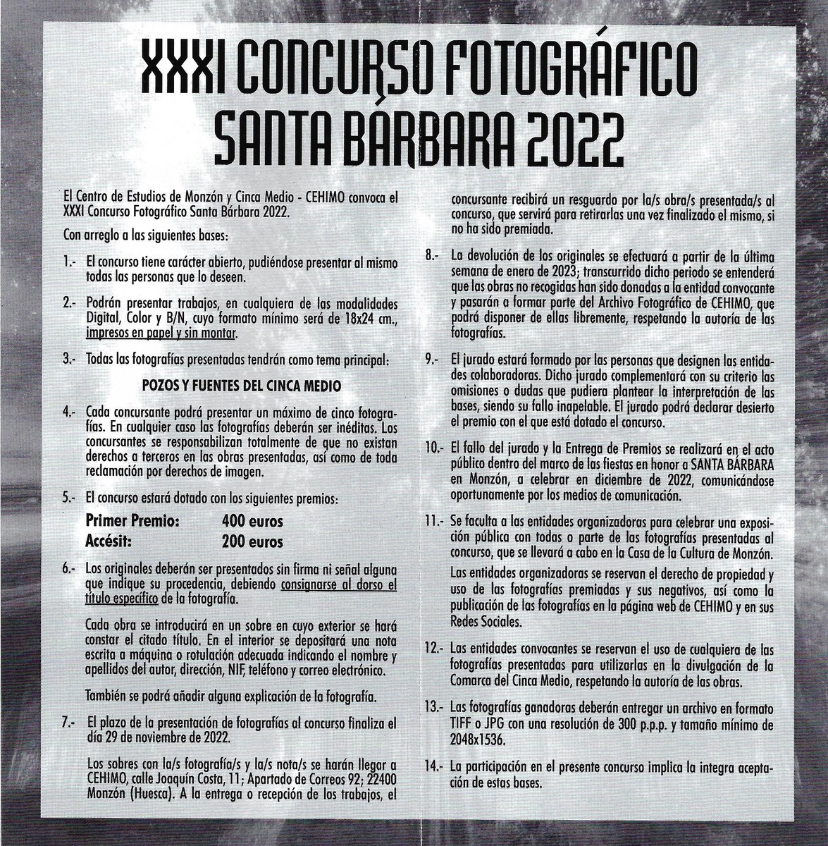 cehimo's tweet photo. El Servicio de Audiovisuales convoca el XXXI Concurso Fotográfico Santa Bárbara. Tema "POZOS Y FUENTES DEL CINCA MEDIO". El plazo de presentación de fotografías finaliza el 29 de noviembre. #CEHIMO @AytoMonzon Comarca del @CincaMedio @iea_huesca #Monzón #fotografia #CincaMedio https://t.co/PUrI0S0lWD