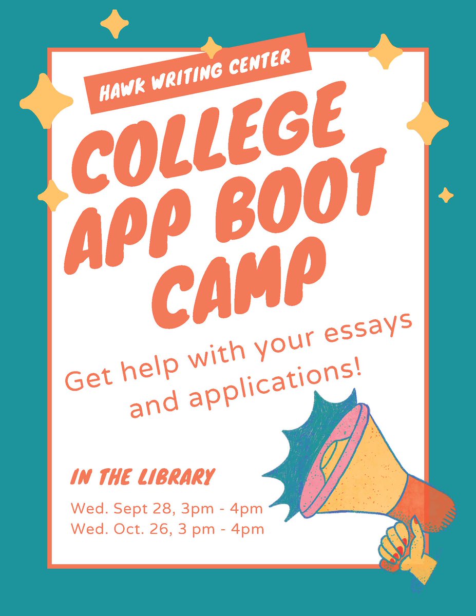 Seniors- Want help with you college applications? Join <a href="/HSWritingCenter/">Hawk Writing Center</a> and your counselors tomorrow (Wed. Sept. 28) from 3-4 p.m. in the Library to work on your essays &amp;/or apps. No RSVP necessary!
