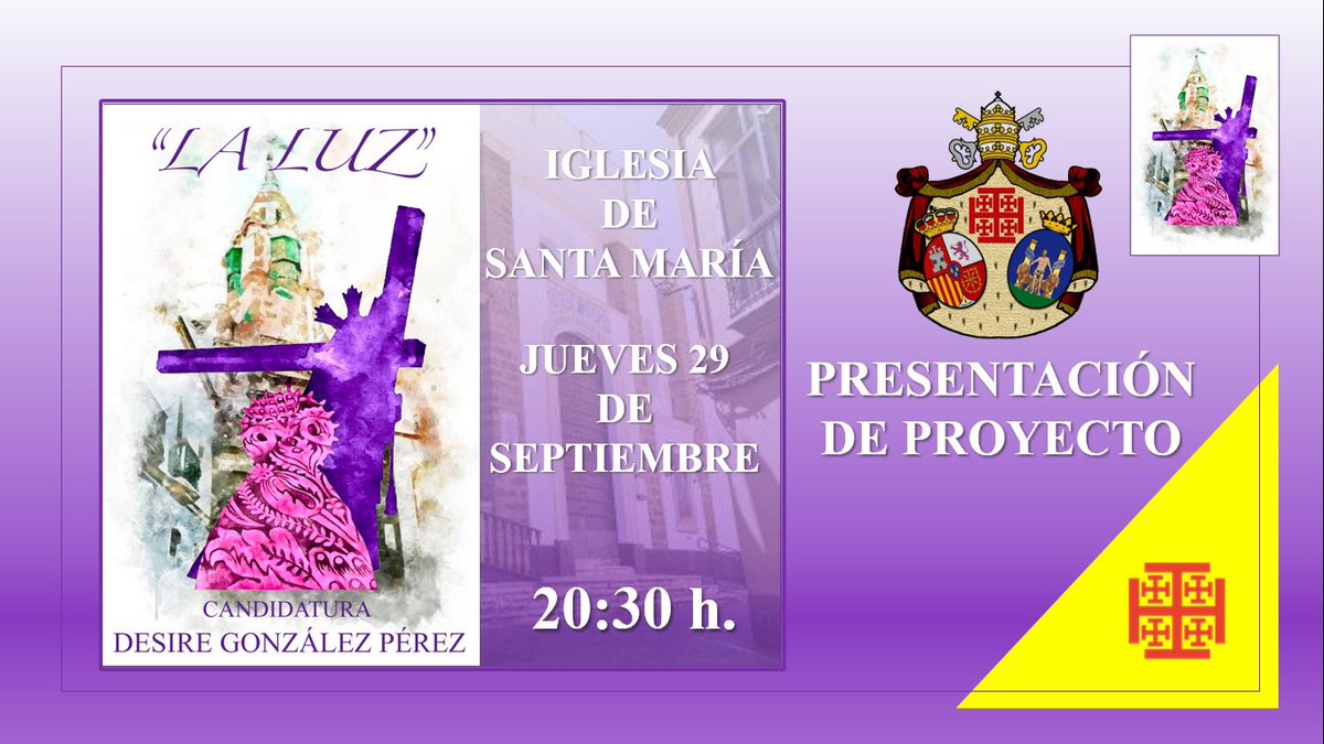 LaLuzNazareno's tweet photo. 🟣⚪️ ACTO DE PRESENTACIÓN DE CANDIDATURA.
⛪️ Lugar: Iglesia Conventual de Santa María.
🗓️ Fecha: 29 de septiembre de 2022.
🕣 Hora: 20:30 h.
Tienes la oportunidad de escoger 📨
#participaciondeloshermanos #cabildoeleccionesnazareno #acudeavotar #santamaria #14deOctubre https://t.co/BXGqw3NUSL