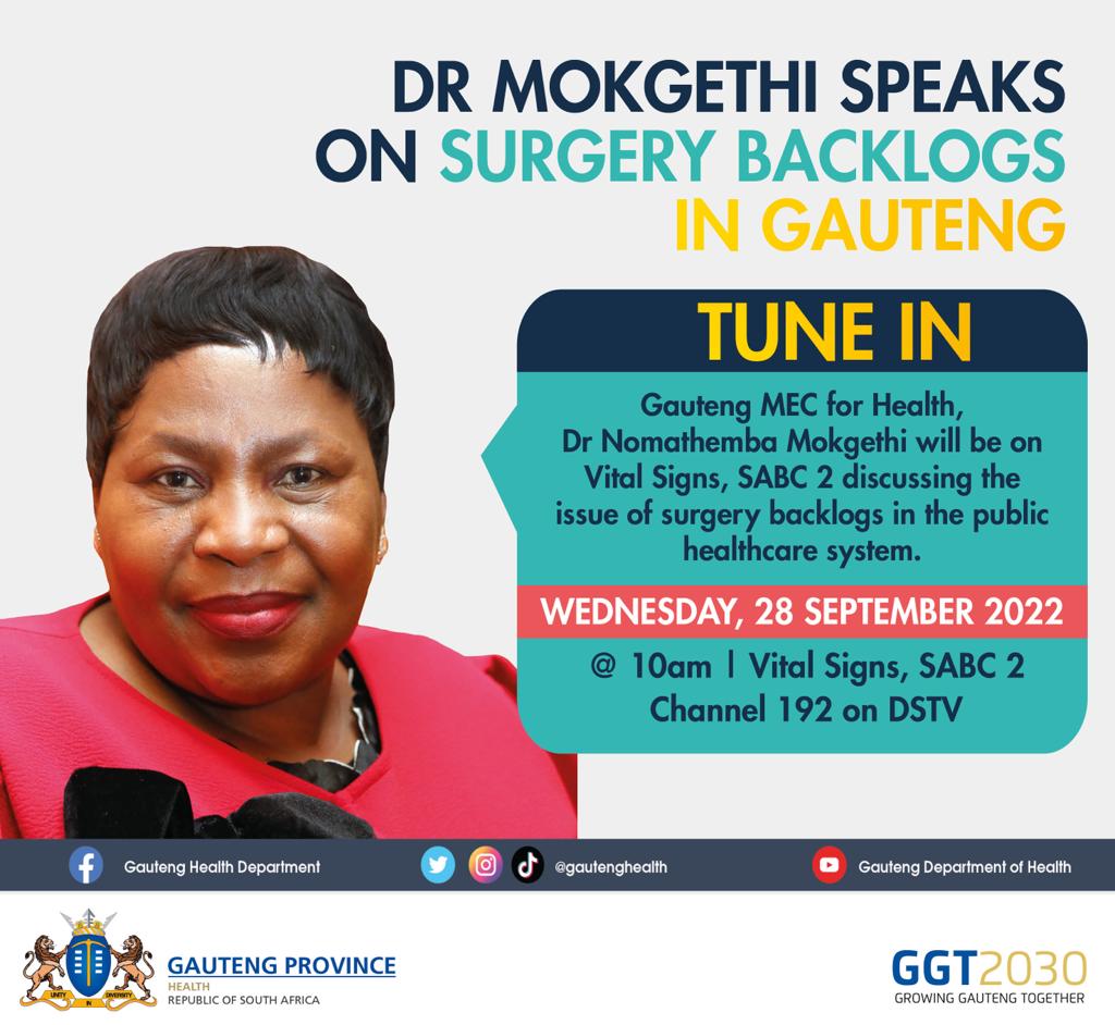 Catch MEC <a href="/DrMokgethi/">Dr Nomathemba Mokgethi</a> tomorrow morning on <a href="/SABC_2/">SABC_2</a>'s Vital Signs with <a href="/DrMusaMthombeni/">DrMusa</a> #GrowingGautengTogether #SurgeryBacklogs