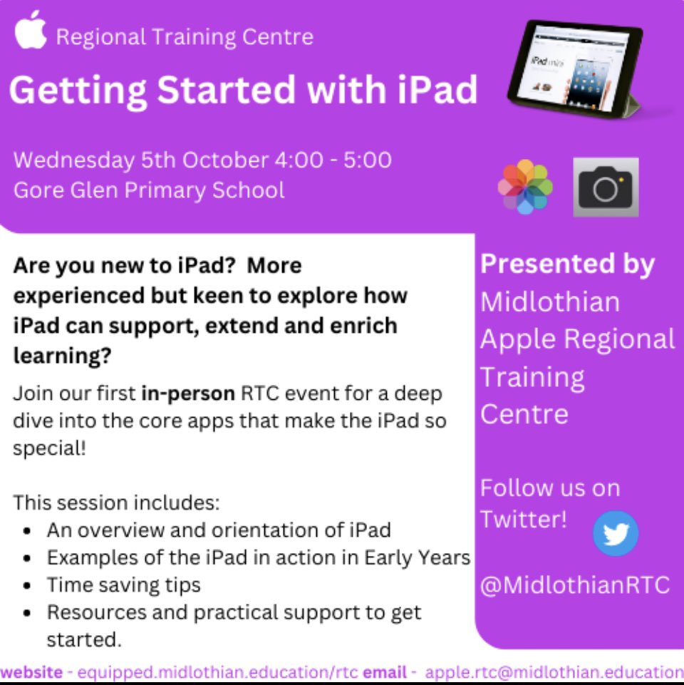 Join us on our first face-to-face session of the year! Discover some quick tips to help you get started with iPad and explore some examples of great practice from within Midlothian! Click here to sign up - eventbrite.co.uk/e/getting-star… @MidDigiLearn