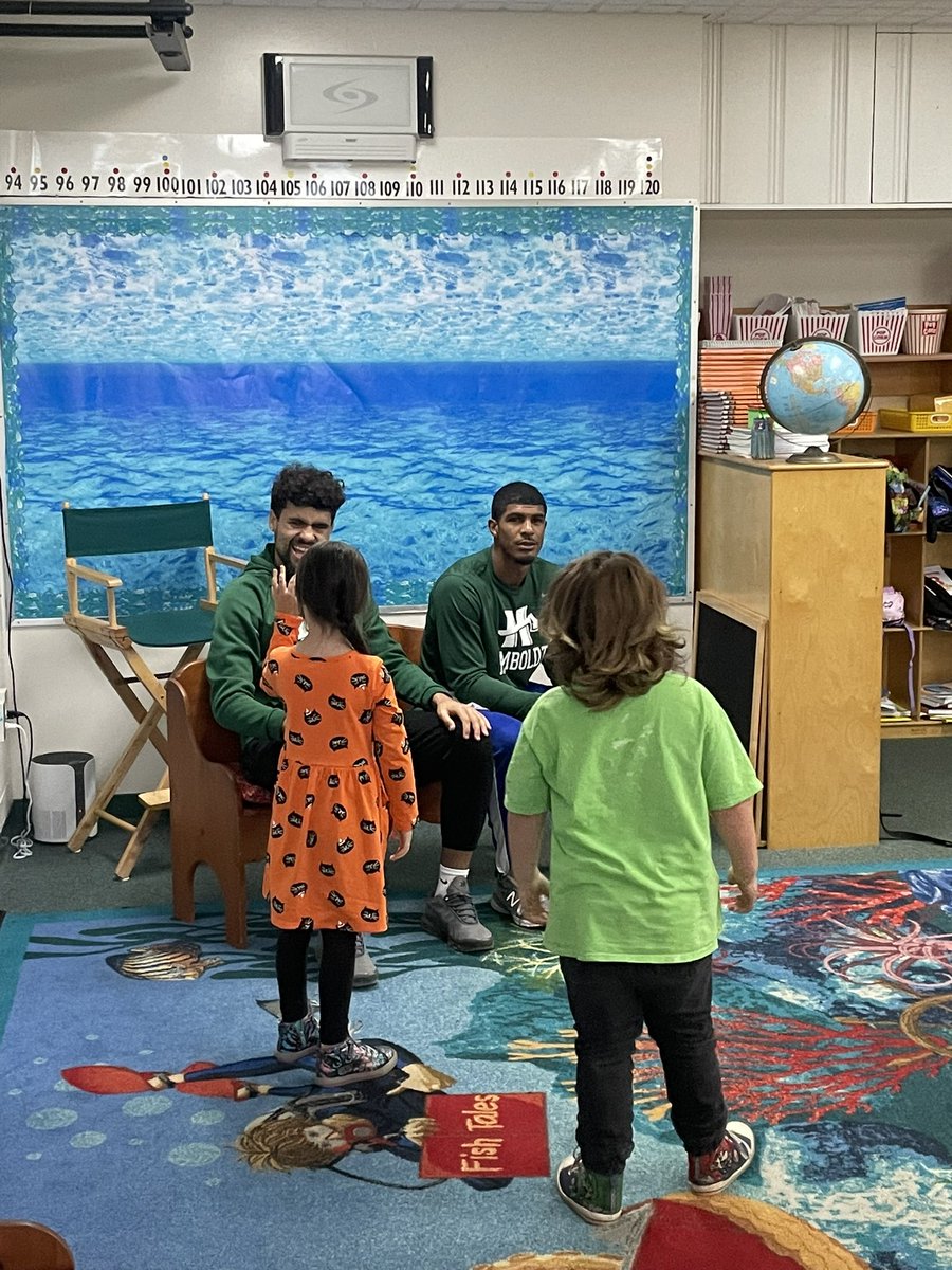HumboldtMBB's tweet photo. Men’s Basketball surprised the students of Pine Hill Elementary today spending time in the classroom and out on the playground. Thank you to the Pine Hill staff for the visit! #Community #Together https://t.co/D5DkuEjATE