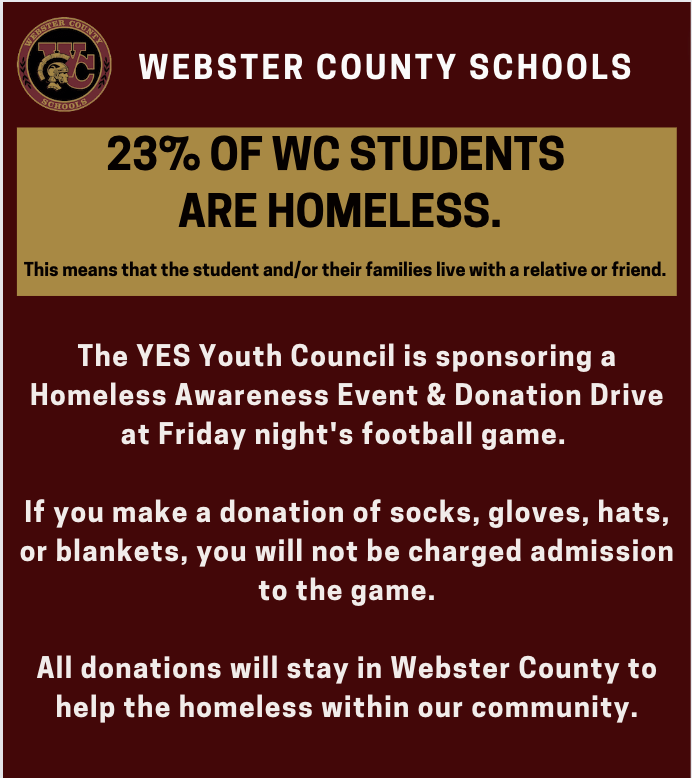 webster_schools's tweet photo. The YES Youth Council is sponsoring a homeless event &amp; donation drive at this Friday's football game. Please contact courtney.menser@webster.kyschools.us for more information. #1WC https://t.co/QtPFDOtBdf