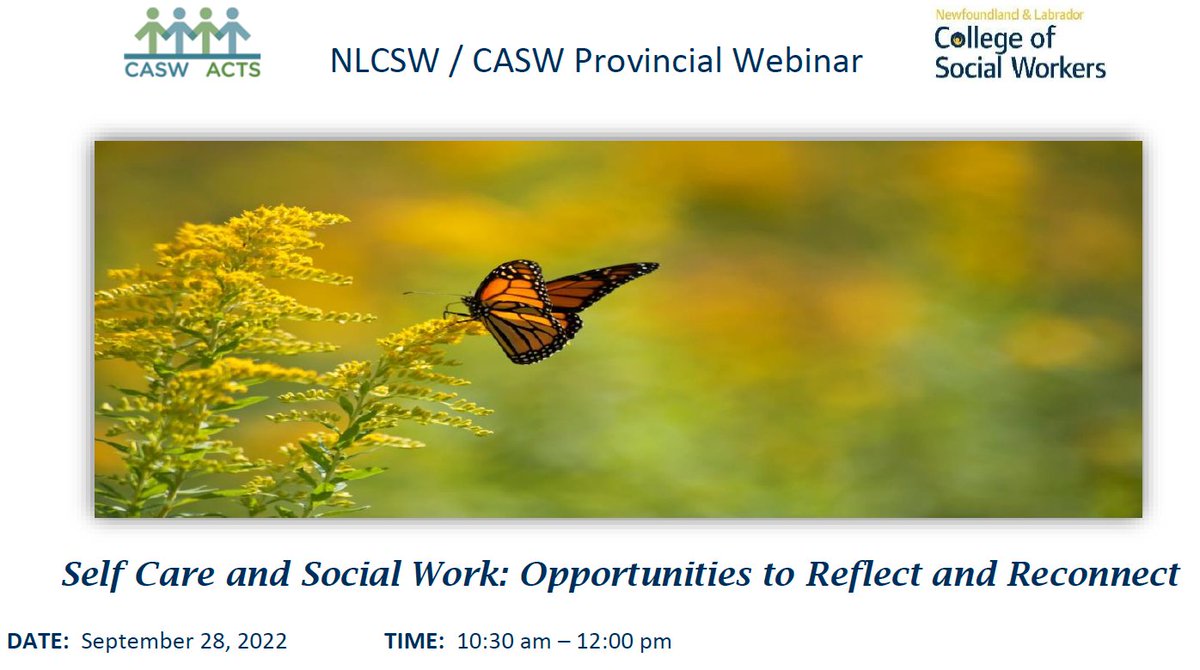 Webinar Happening Today! Join RSWs Kristen Hynes and Meghan Calder as they explore the important topic of self-care. Registration for NLCSW registrants and non-practicing members is still available at nlcsw.ca/events.