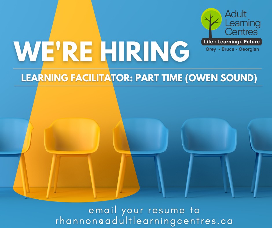 We're hiring! Our Owen Sound ALC is looking for a part time Learning Facilitator. Interested individuals are invited to submit a letter of application and resume by October 7th. Check our website for full job description: alcentres.ca #literacy #alcgreybrucegeorgian