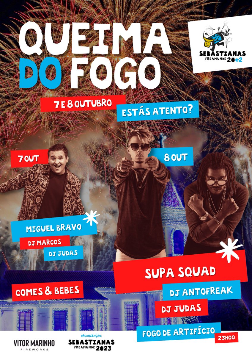 Queima do Fogo! 🎇🎆 em Freamunde! 🌍🔥🎉
Grandioso Fogo de Artifício "SBT20+2" 🔥
Estás atento? 😉 
7 e 8 Outubro 2022 🗓️ Freamunde 🎯 Entrada Livre 📢
#sebastianas #freamunde #queimadofogo
#sbt2023 #sbt2022 ​#sbt20mais2 #umafestamuitogrande