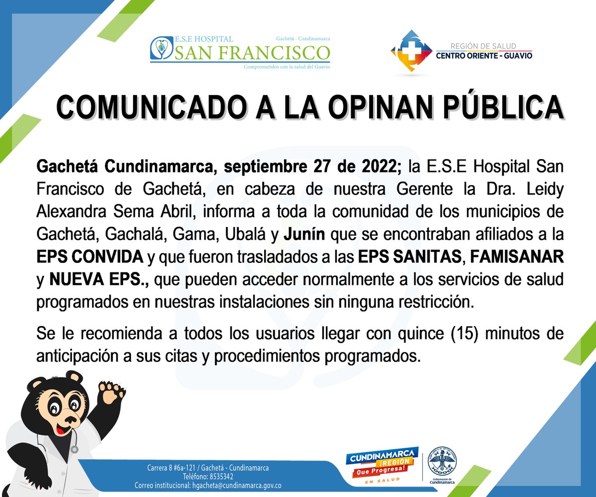 HospitalGacheta's tweet photo. La E.S.E Hospital San Francisco de Gachetá, informa a toda la comunidad de la Región del Guavio que se encontraban afiliados a la EPS CONVIDA y que fueron trasladados a las EPS SANITAS, FAMISANAR y NUEVA EPS., que pueden acceder normalmente a los servicios de salud. https://t.co/AX9uZWYdhl