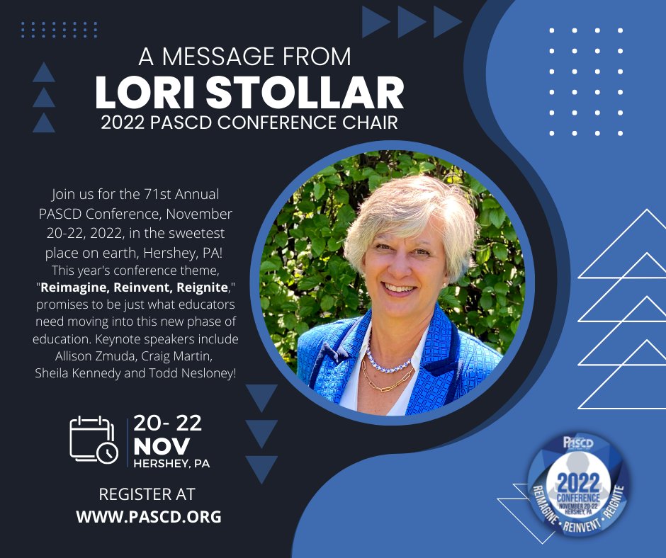 PASCD's tweet photo. Come see Conference Chair, @LoriStollar, and the rest of the PASCD Team in Hershey this November! 
Register today at https://t.co/jzGIFpna01!
#PASCD2022 #reimagine #reinvent #reignite #ASCD #Learn #Teach #Lead #Principals #PASCD #PAProudEducator #PennsylvaniaASCD #PAEducation https://t.co/89bNmicd6s