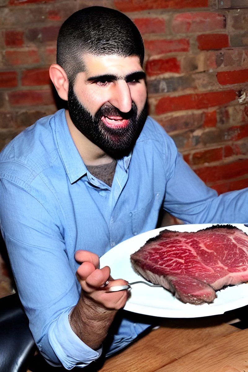 MMAiART's tweet image. Ariel Helwani Genuinely Enjoying A Rare Ribeye (A.I. Generated)