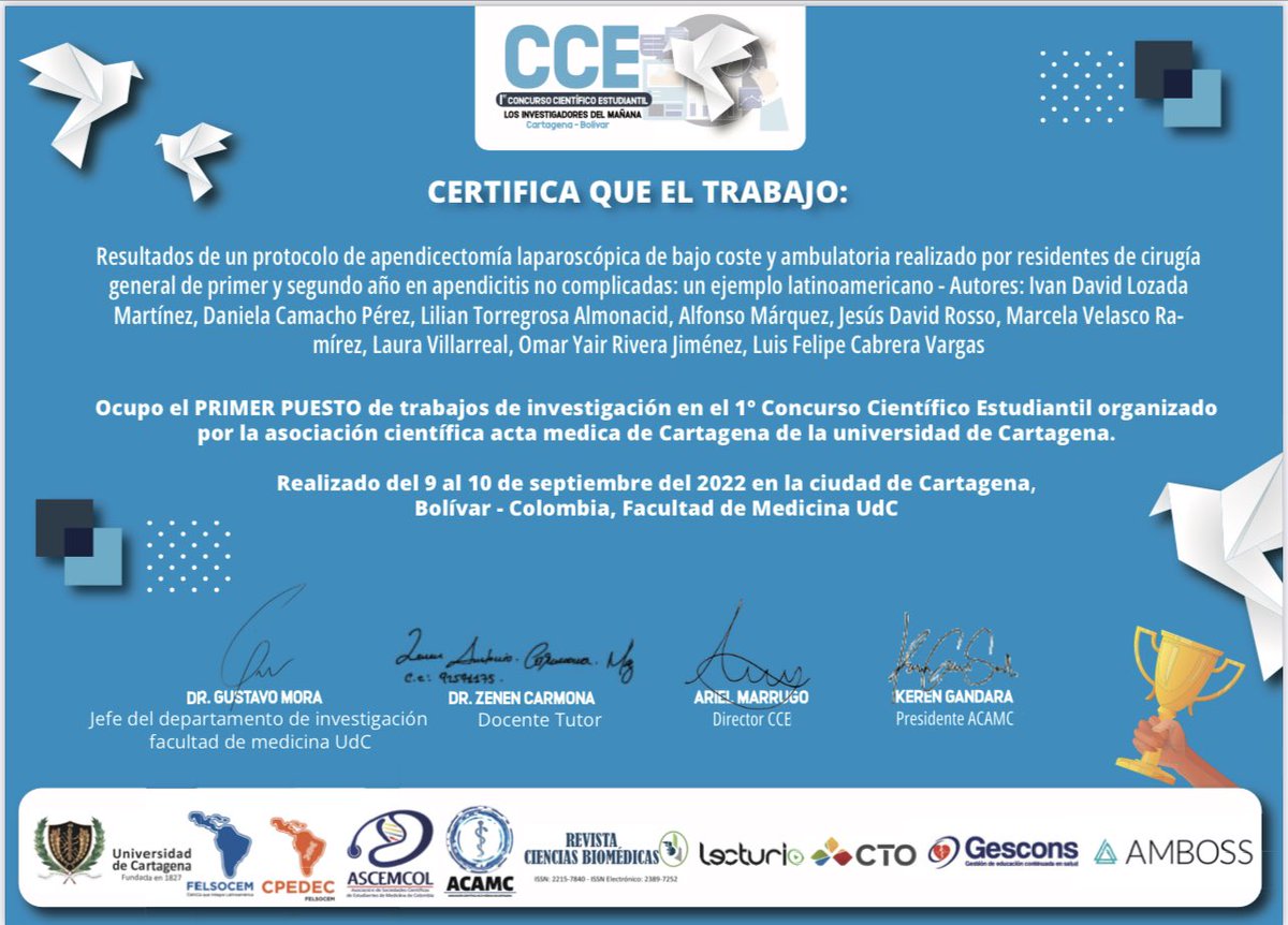 PipeCabreraV's tweet photo. Premio fruto de la colaboración de nuestro semillero @cirujaverianos @lauryvm y @futuroscirascol @Lozada_Surg! Gracias totales a los mentores que permitieron la participación de nuestros estudiantes en un trabajo tan valioso  @lilitorregrosaa @alcamarus23 et al! #SoMe4Surgery https://t.co/D24gxd5upO