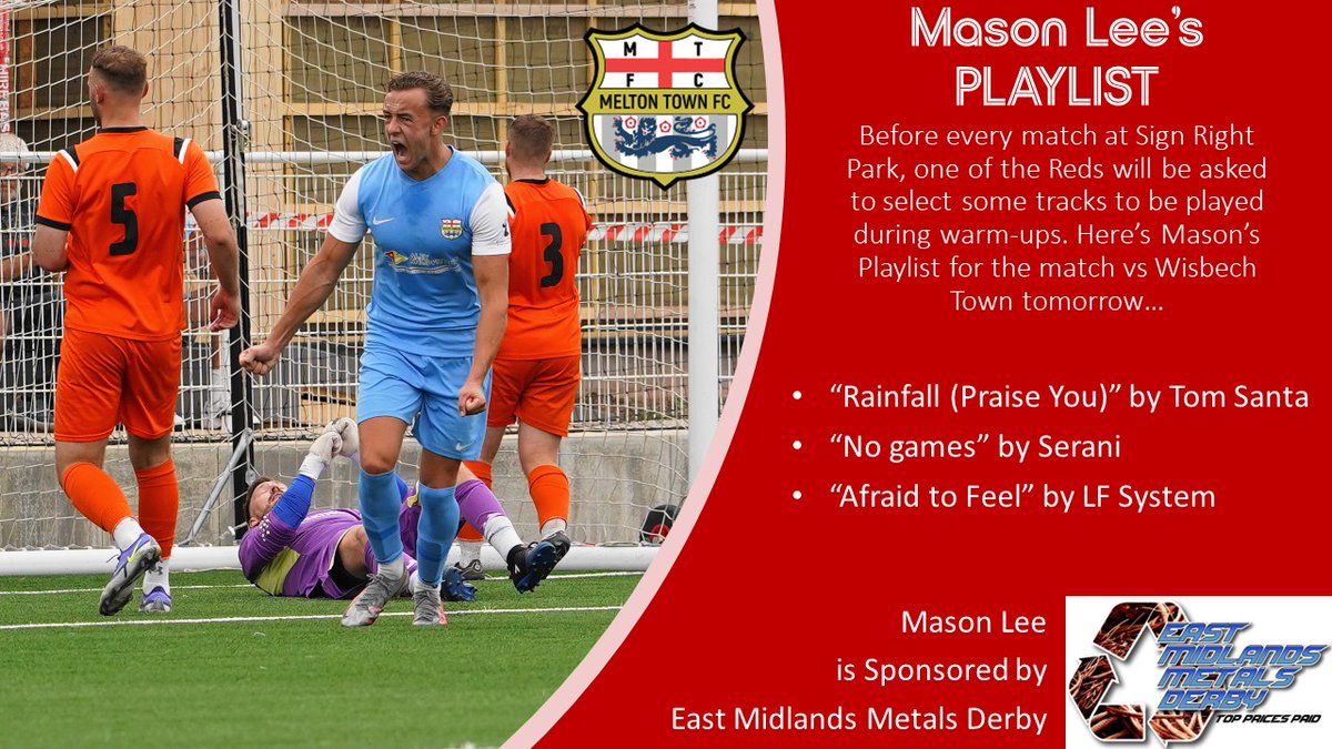 melton_town's tweet photo. PLAYLIST: Mason Lee has selected tracks by @seranimusic, @LFSYSTEMMUSIC & #TomSanta to be played during warm-ups before the @wisbechtownfc match tomorrow.
Mason is sponsored by East Midlands Metals Derby. To sponsor a player please email adam@meltontownfc.co.uk.
#PorkPieArmy https://t.co/h2NPLVj5Nw