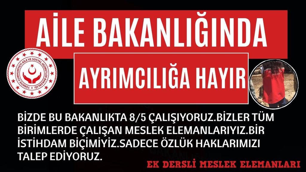 @ABEPDERNEK <a href="/RTErdogan/">Recep Tayyip Erdoğan</a> <a href="/kilicdarogluk/">Kemal Kılıçdaroğlu</a> <a href="/hasandogan/">Hasan Doğan</a> <a href="/ikalin1/">İbrahim Kalın</a> <a href="/vedatbilgn/">Vedat Bilgin</a> <a href="/deryayanikashb/">Derya Yanık</a> #AileBakanlığıKöleDüzeni Hayır Diyoruz.. Alanında eğitim almış mesleki tecrübeye sahip meslek elemanları olarak Özlük Haklarımızı istiyoruz