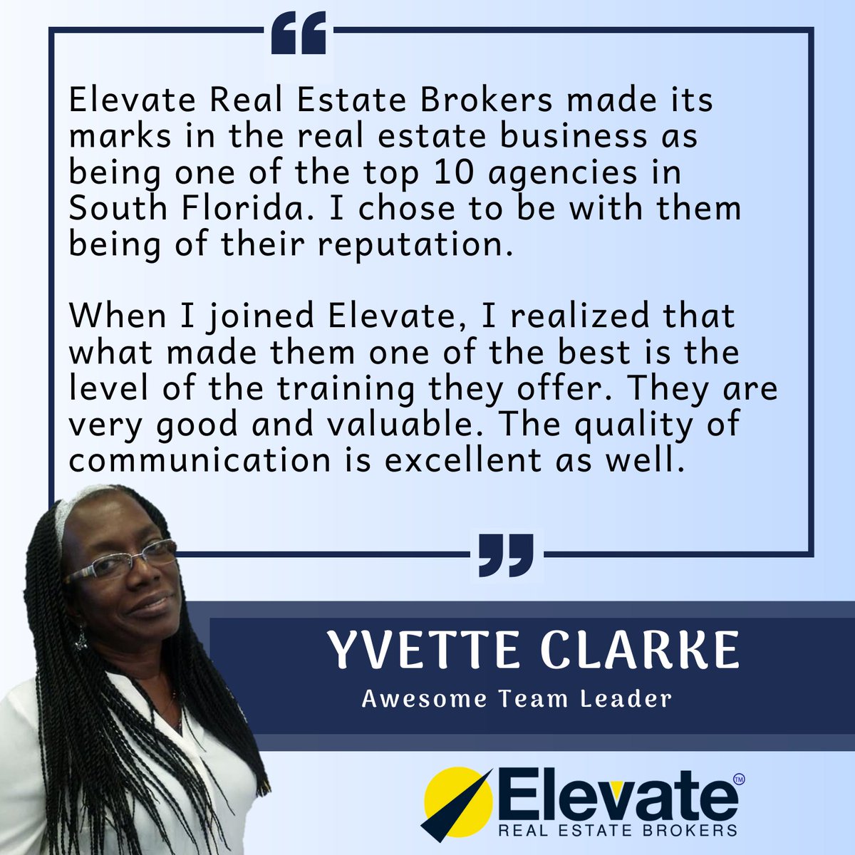 ElevateBrokers's tweet photo. Happy Tuesday, Everyone!

We are so happy to share with you this testimonial from one of our Awesome agents in the South Florida area, Yvette Clarke!

Thank you for the kind words Yvette! We are looking forward to many more years of awesome partnership with you! https://t.co/wknbwL1far