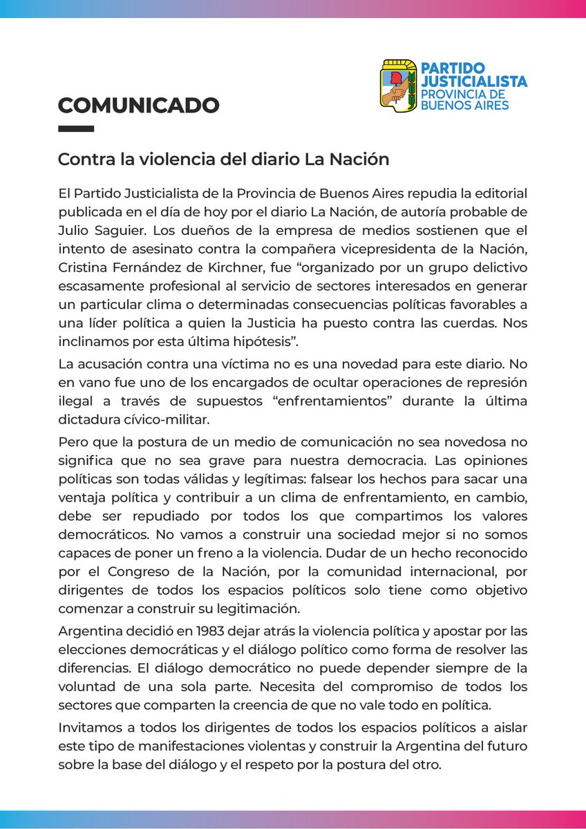 BonaerensePJ's tweet photo. » Comunicado del PJ Bonaerense: Contra la violencia del diario La Nación. https://t.co/b9Oxudjw0i