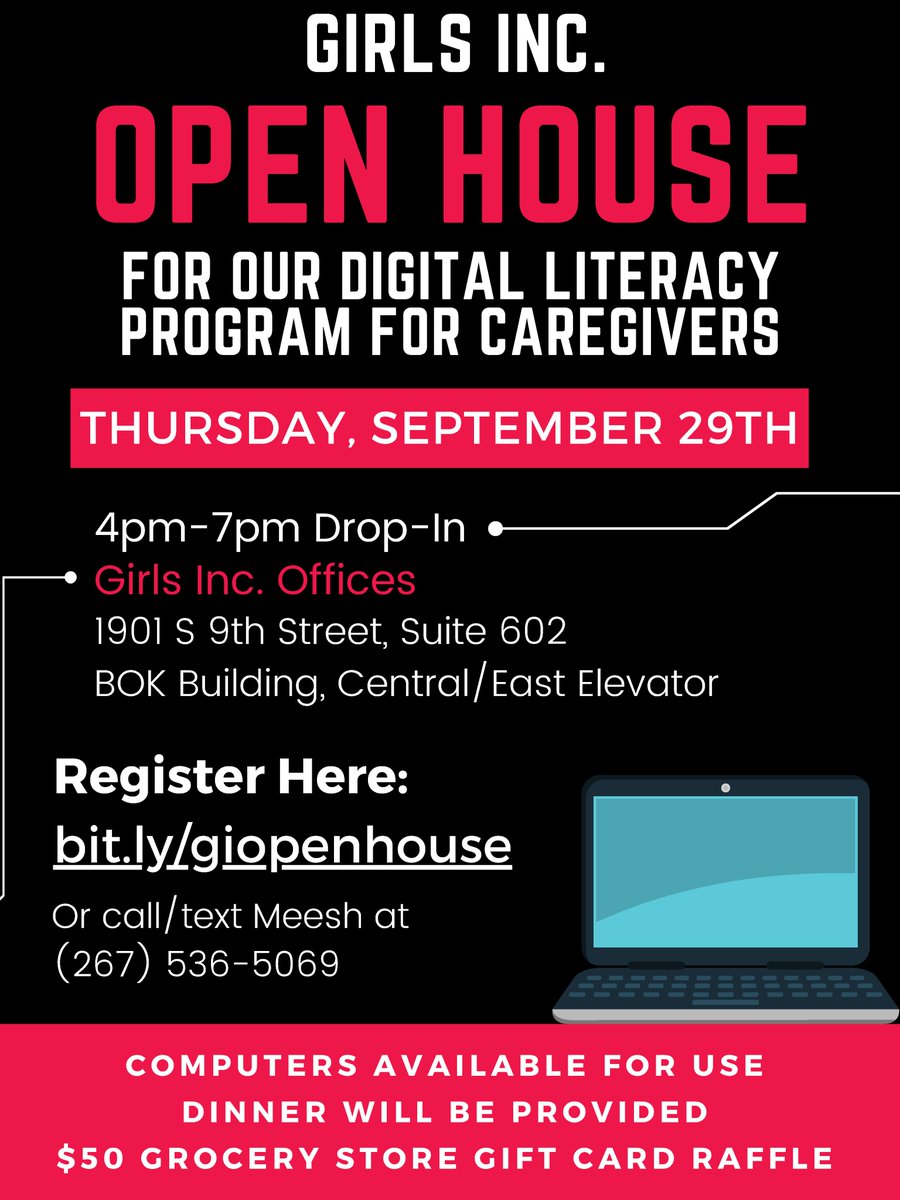 Stop by our office on Sept 29 for our digital literacy open house! Caregivers can learn everything from computer basics to social media to job apps and more. Classes are free, and this open house will have dinner provided, computers for use, and a grocery store gift card raffle