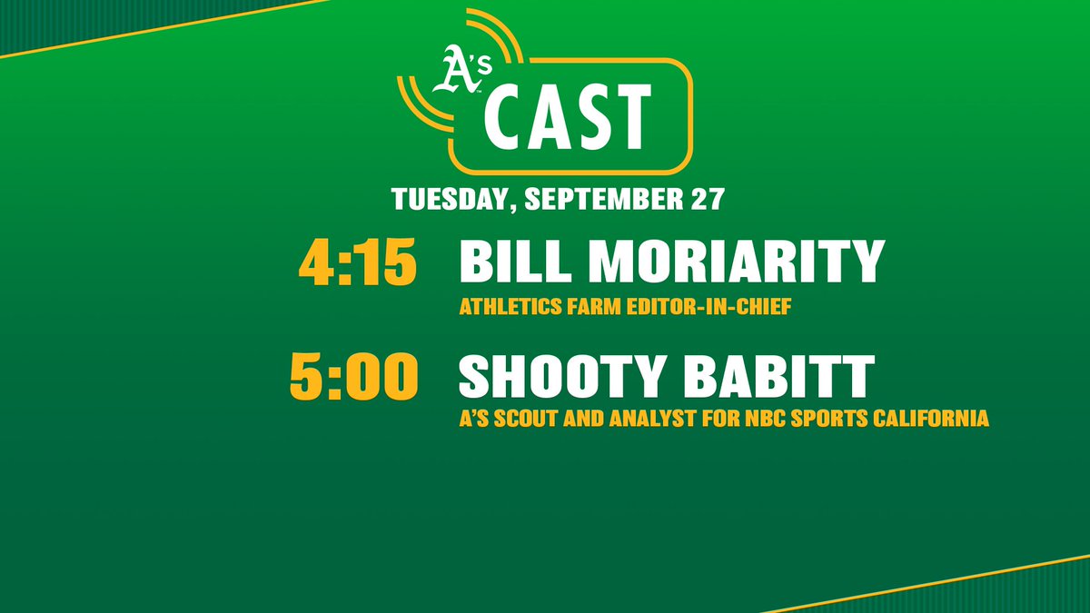 #AsCastLive will be streaming from 4:00-5:30 P.M. with Chris Townsend ahead of @Athletics & @Angels GUESTS: @AthleticsFarm 4:15 Shooty Babitt 5:00 📺 : youtube.com/athletics 🎧 : athletics.com/ascast