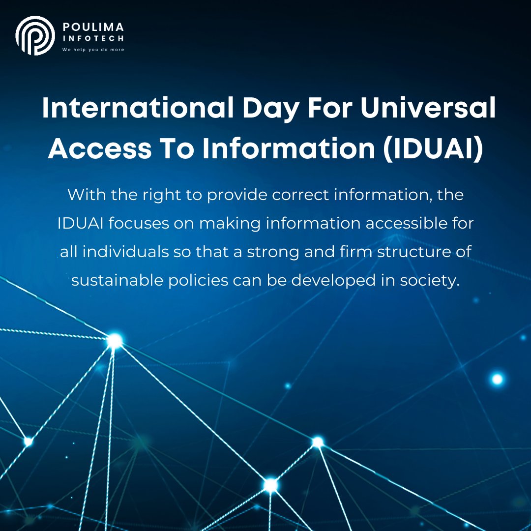 Poulimainfotech's tweet photo. "International Day For Universal Access To Information - (IDUAI)"

With the right to provide correct information, the IDUAI focuses on making information accessible for all individuals so that a strong and firm structure of sustainable policies can be developed in society.
#IDUAI https://t.co/RwnpfAkh65