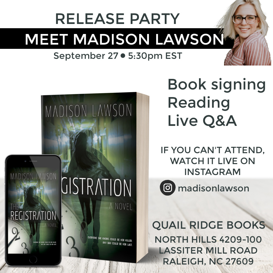 JessicaE_PR's tweet photo. ★★ RELEASE PARTY ★★ 

THE REGISTRATION by Madison Lawson just went live and you can meet her tonight at Quail Ridge Books in Raleigh, NC. 

If you can't attend in person, watch it LIVE on instagram @ https://t.co/GJIHzBR5kt https://t.co/h8RS7M84RJ