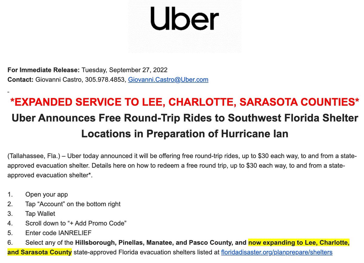 .<a href="/Uber/">Uber</a> will be expanding our free round-trip shelter transportation to Lee, Charlotte county and Sarasota Counties.

Please share if you know someone who needs transportation assistance to their county shelter in these jurisdictions.