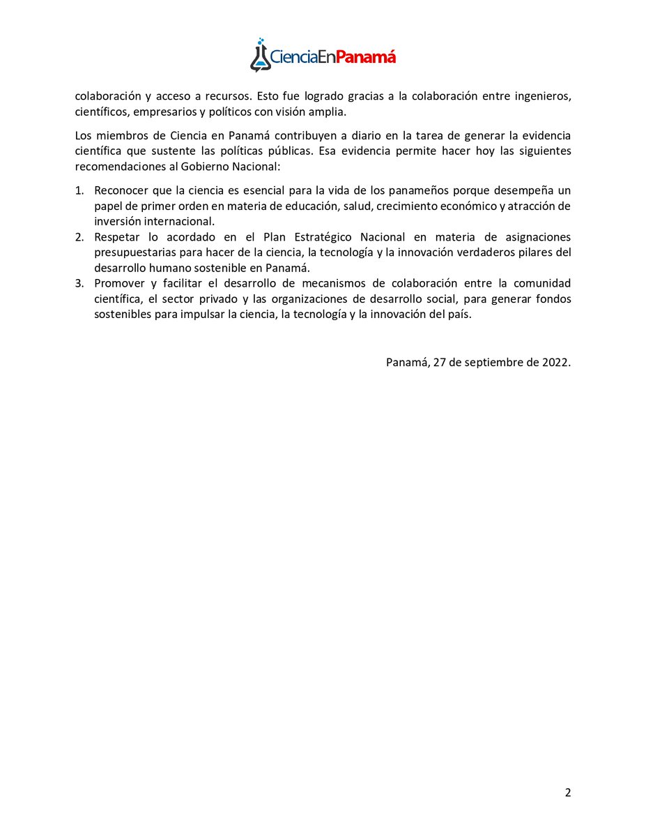#CienciaEnPanamá comparte comunicado sobre los recortes presupuestarios a instituciones científicas del país.