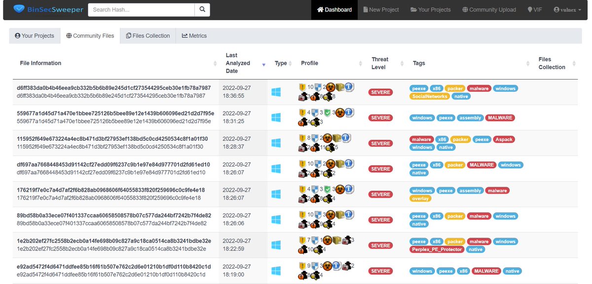 simonroses's tweet image. Assess files threats: identify vulnerabilities in binaries, spot encryptors, get IOC, malware indicators, similarities, metadata and much file intel. Ask demo info@vulnex.com #FileAnalysis #BlueTeam #CyberSecurity #ThreatIntelligence @BinSecSweeper