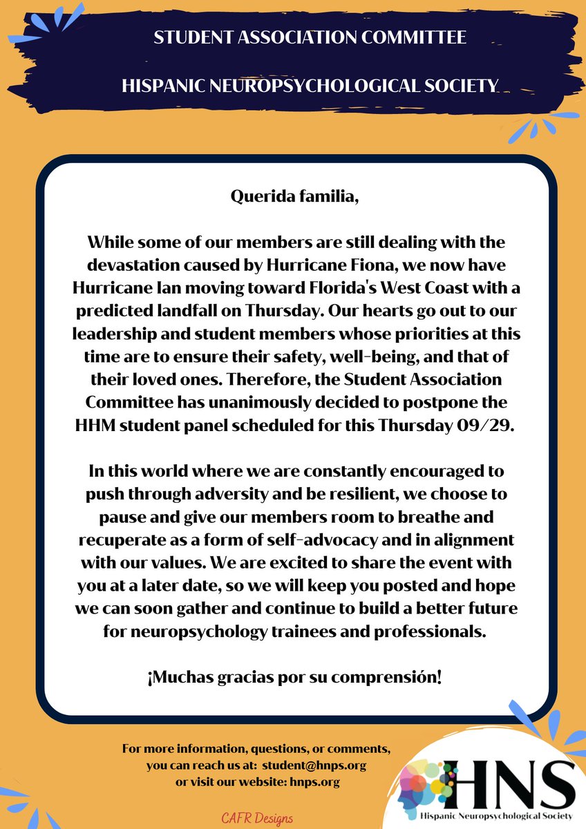 sac_hns's tweet photo. 📢 Querida familia: We have unanimously decided to postpone the HHM student panel scheduled for this Thursday, 09/29. Please read our statement, and reach out to us if you have questions or comments: student@hnps.org. ¡Muchas gracias! Stay safe 🧡 https://t.co/3XkzeIi55v