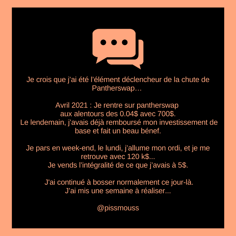UlysseEclaireur's tweet photo. Je crois que j’ai été l’élément déclencheur de la chute de #Pantherswap… 

---@pissmouss

#anecdotes #Crypto #confessions #cryptomonnaie https://t.co/sR8fzmZOhX