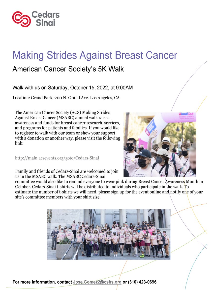 #Cedars-Sinai Cancer is proud to be a 2022 sponsor for the American Cancer Society’s Making Strides Against #BreastCancer LA Walk on 10/15 at 9:00am. If you would like to show your support please click the link! @AmericanCancer @CedarsSinai secure.acsevents.org/site/TR;jsessi…