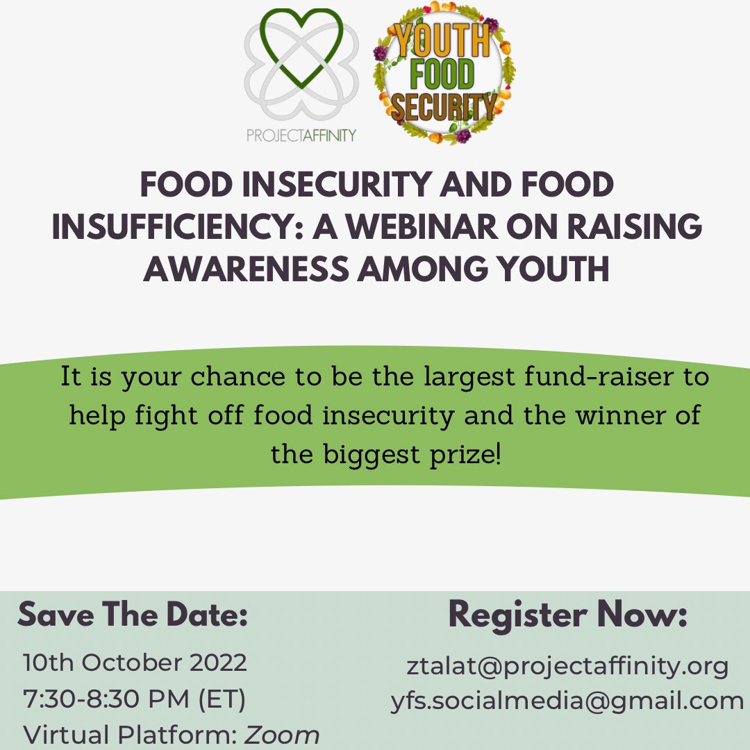 1affinity's tweet photo. Project affinity in collaboration with The Youth Food Security Network is organizing a Webinar on raising Food Insecurity awareness among youth. 

It is an opportunity to fight off food insecurity through helping fundraise! 

*REGISTER NOW*!

https://t.co/UdcGO700zF https://t.co/3t9582C98w