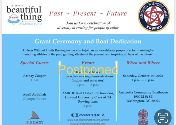 RowCoachPatrick's tweet image. POSTPONED:Saturdays AMBTIF boat dedication with Arshay Cooper has been postponed due to forecasted hurricane-related weather in DC this weekend (and also the fact that two of the Howard rowers were coming in from Tampa, and obviously their safety is paramount). New date TBD!