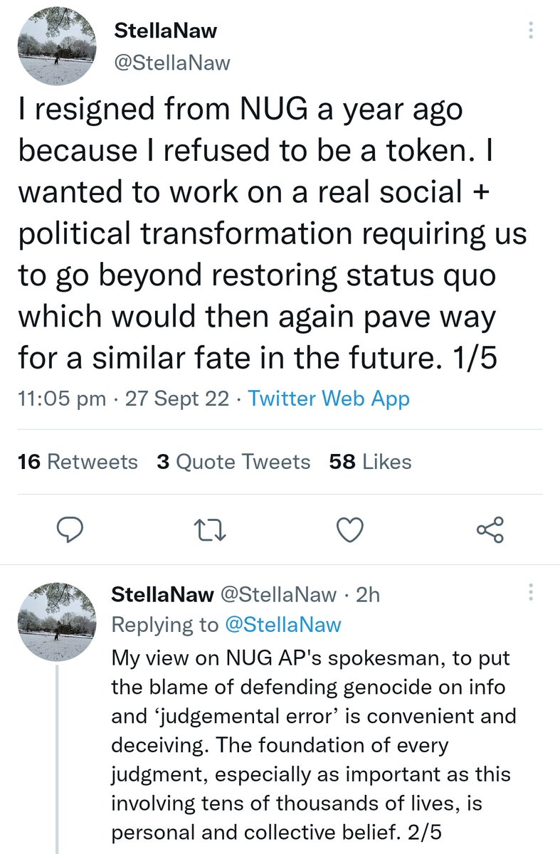 MayWongST's tweet photo. This appears to be 1st public, important criticism of #Myanmar @NUGMyanmar's approach to/beliefs in governance by 1 of its ex-deputy ministers, who said she quit a year ago. #NUG formed in April after Feb 2021 #coup. Number of them are/were NLD members #WhatsHappeningInMyanmar https://t.co/lZB8pJsG2A