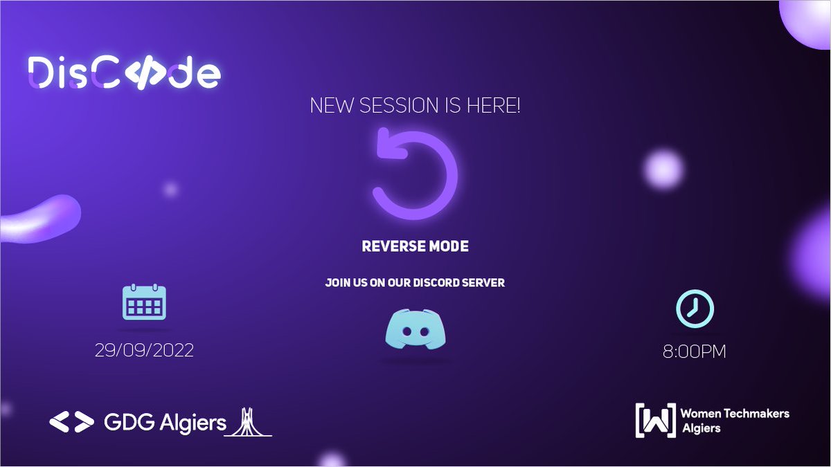 AlgiersWTM's tweet photo. It's another Thursday, a new mode and a new session of #DisCode.
Join us in the upcoming battle to live the spirit of learning in a fiery atmosphere.
#gdg #wtm #discord #ClashofCode #CodinGame https://t.co/NC37ndCpod
